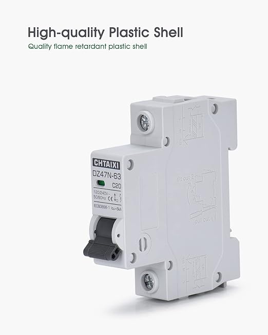AC Miniature Circuit Breaker, 20 Amp 120V/240V 1 Pole DIN Rail Mount Circuit Breaker, Thermal Magnetic Trip, Solar AC Disconnect Switch MCB C20