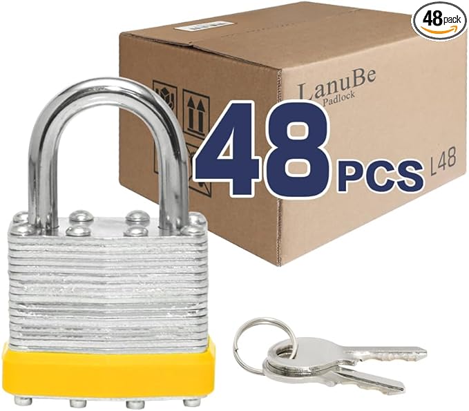 LanuBe Lock Laminated keyed Padlock (1-9/16", 40mm), keyed Alike Locks, Normal Shackle,Marked Yellow Plastic Hoop, Pack of 48