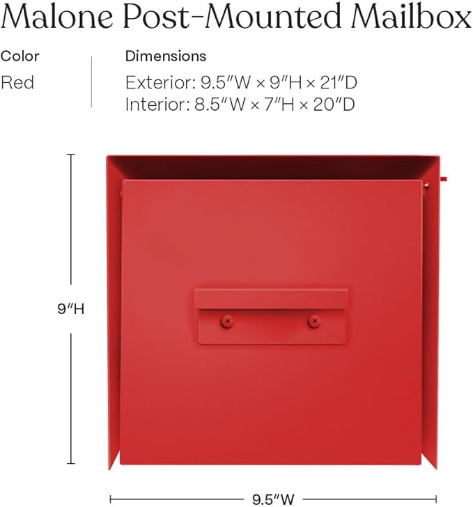 post & porch Malone Mailbox | Post Mounted Mailbox | Black/White/Gray/Brown/Red/Blue/Green, Regular or Large, Weatherproof Mail Box for Outside, Customizable (Red, Regular)