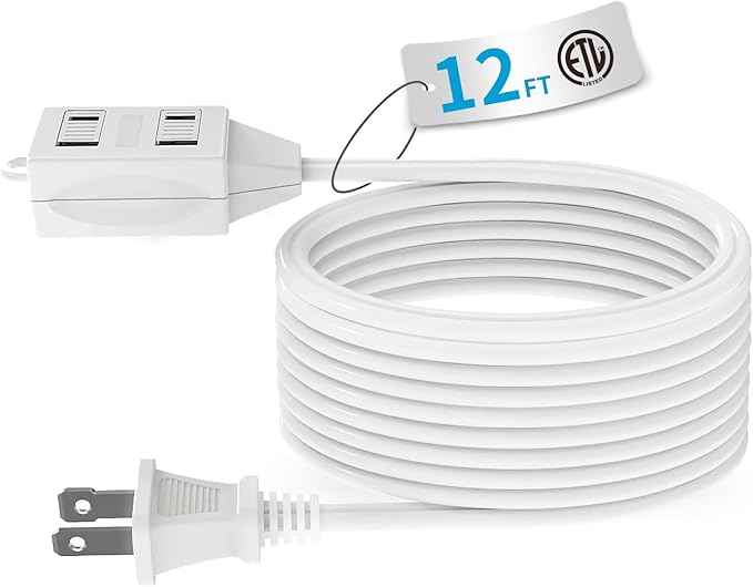 TiFFCOFiO Indoor Extension Cord, 2 Prong 12 Feet Extension Cord, 3 Polarized Outlets with Safety Slide Windows,13A/1625W, 16 AWG, 1 Pack