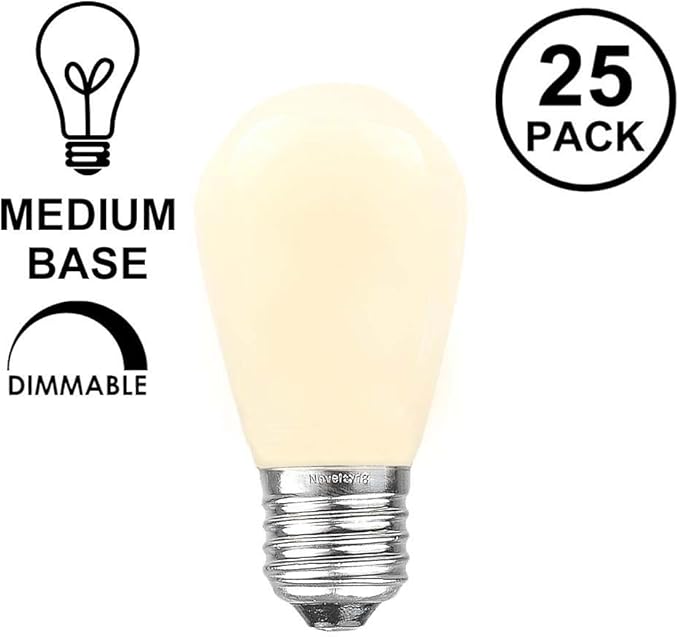 Novelty Lights 25 Pack S14 Outdoor Patio Edison Replacement Bulbs, E27 Medium Base, Ceramic White, 11 Watt