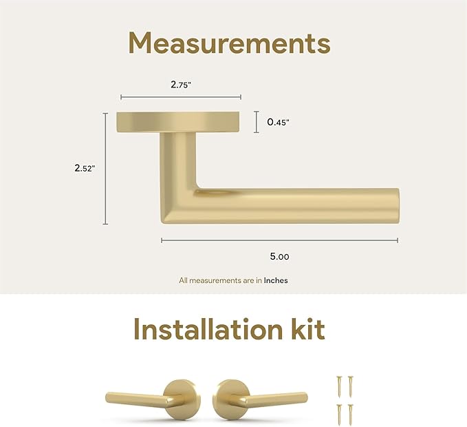 Mega Handles Ronn Dummy Door Handles - 6 Pack Heavy Duty Gold Door Handle, Non-Turning Door Handle for Hallway, Closet & French Doors, Single Side, Fits All Standard Doors - Satin Brass