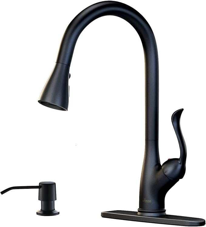 APPASO Matte Black Kitchen Faucet with Pull Down Sprayer and Soap Dispenser, Single Handle Commercial High Arc One Hole Pull Out Spray Head Kitchen Sink Faucets