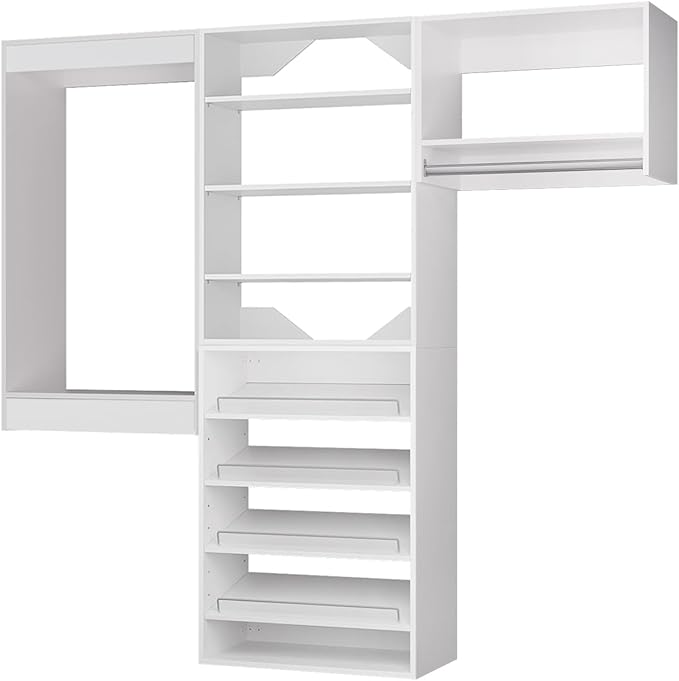 ROOMTEC Modular Closet System, 60" Wall Mounted Modern Closet Organizer with Hanging Rods and Shoe Shelf, Wooden Tower for Walk-In Closets, Wardrobe Storage Kit, White