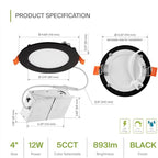 ASD 6 Pack LED Recessed Lighting 4 Inch 12W, 5 CCT 2700K-5000K CRI90+, IC Rated Ultra Thin Dimmable Ceiling Lights with J Box, Canless Wafer Downlight, Round Slim Panel Light, UL Listed, Black