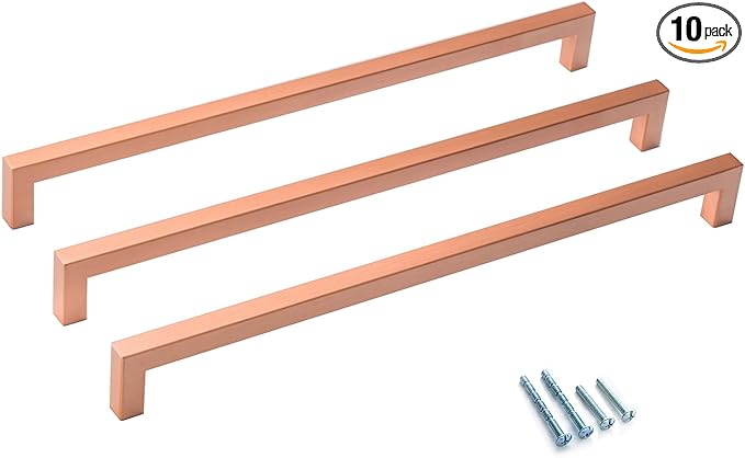 10 Pack 12 3/5 Inch Brushed Copper Cabinet Pulls Red Copper Square Cupboard Handles Modern Stainless Steel Drawer Pulls Kitchen Cabinet Hardware Kitchen Handles