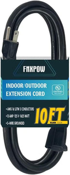 Indoor Outdoor Extension Cord 10 FT Waterproof, 16/3 Gauge Heavy Duty Black Extension Cords, 13A 1625W SJTW Extension Cord with 3 Prong Grounded Plug, Great for Tools, Lights, UL Listed.