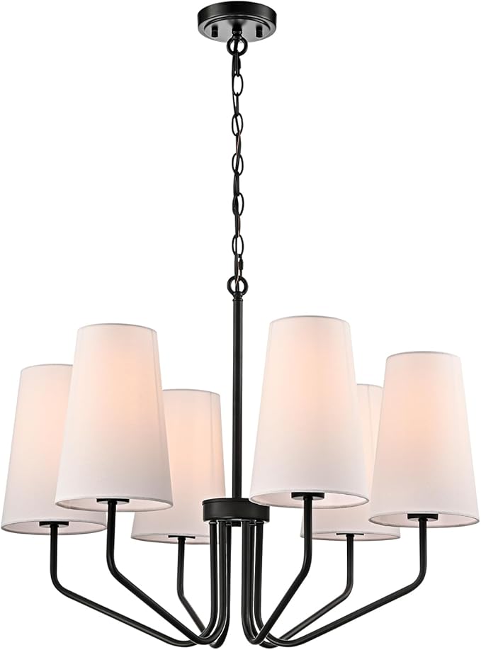 Modern Black Metal Chandelier with Linen Shade 6-Light E26 Adjustable Chandelier for Living Room, Dining Room, Bedroom, Kitchen Island