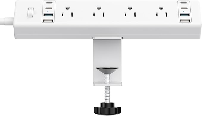 40W Fast Charging Station,Desk Clamp Power Strip 20W USB C,8 Outlets,8 USB Ports,4 USB C and 4 USB A, Office Furniture Surge Protector, 14AWG Cord, Fits 1.9" Tabletop Edge (White, 10FT Length)