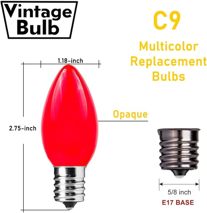 Abeja 25 Pack Multicolor Christmas Lights Replacement Bulbs C9 Vintage Incandescent Ceramic Bulbs E17 Socket Base 7w for Xmas Holiday String Lights Outdoor Indoor Party Decorations