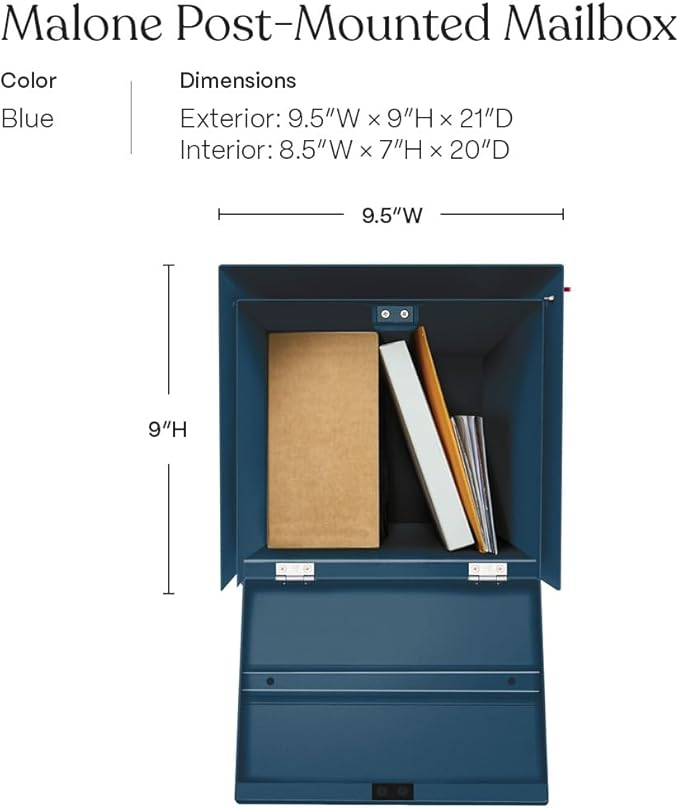 post & porch Malone Mailbox | Post Mounted Mailbox | Black/White/Gray/Brown/Red/Blue/Green, Regular or Large, Weatherproof Mail Box for Outside, Customizable (Blue, Regular)