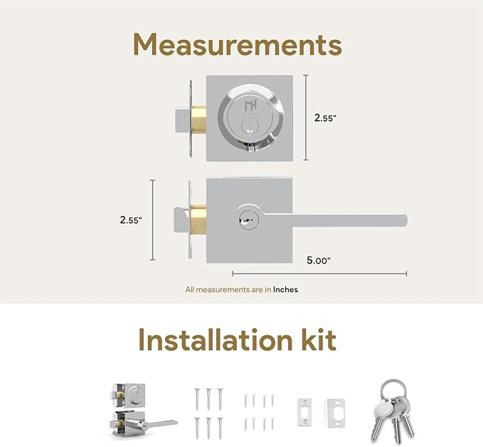 Mega Handles Prime Entrance Combo, Entry Lever Door Handle and Single Cylinder Deadbolt Lock and Key Combo, Heavy Duty Square Locking Door Levers Set for Left or Right-Handed Doors - Polished Chrome