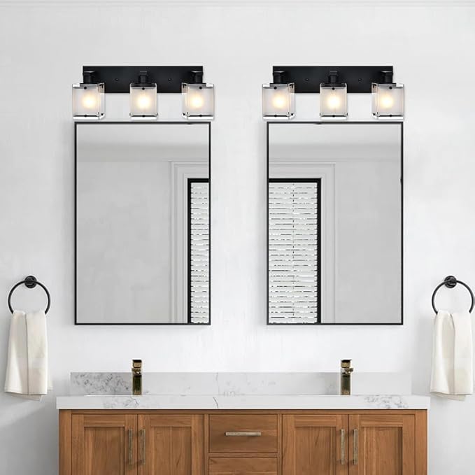 3-Lights Bathroom Light Fixture Over Mirror, Modern Black Wall Sconce Vanity Lighting Fixtures with Rectangular Frosted Glass Shade for Bathroom Kitchen Bedroom, E26 Bulb Base