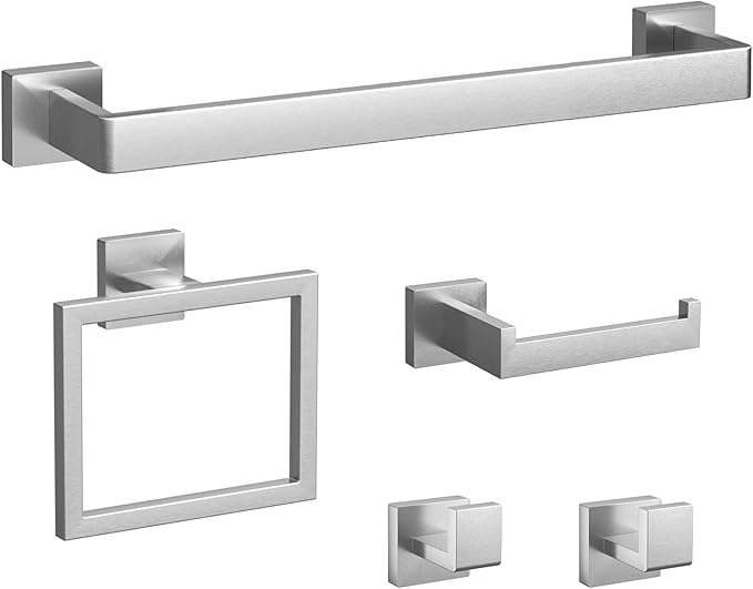 Bathroom Accessory Towel Bar Set: 5 Pieces Brushed Nickel Bathroom Hardware Square SUS304 Stainless Steel - Wall Mounted Towel Rack&Toilet Paper Holder&Towel Ring and Robe Hooks.