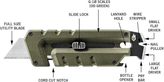 Gerber Gear Prybrid Utility Knife with Pry Bar, EDC Multi-Tool Pocket Razor Knife with Retractable Blade, Green