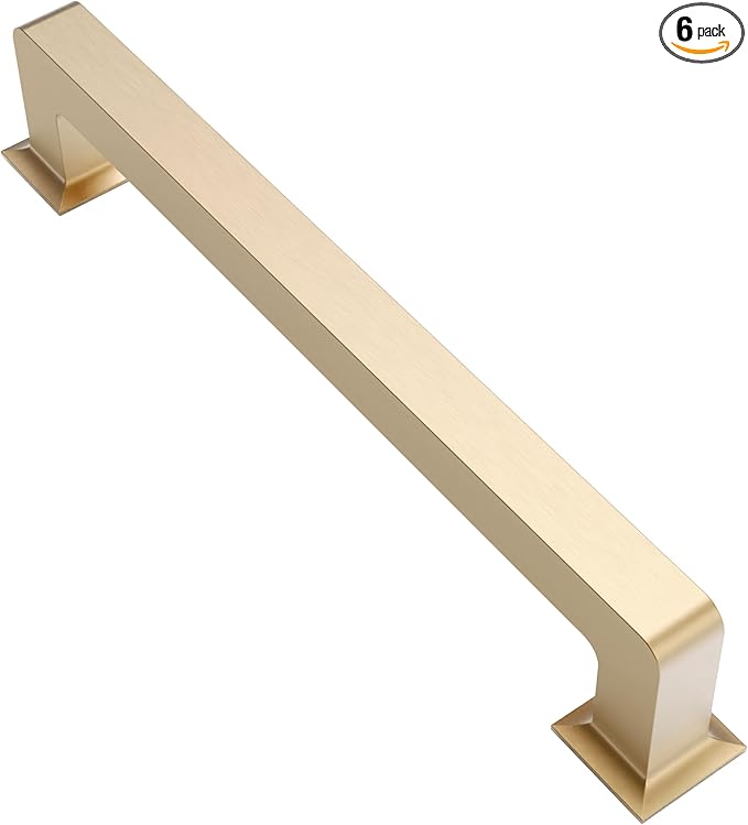 Alzassbg 6 Pack Brushed Gold Cabinet Pulls, 6-1/4 Inch(160mm) Hole Centers Cabinet Handles Square Kitchen Hardware for Cabinets AL3046BG