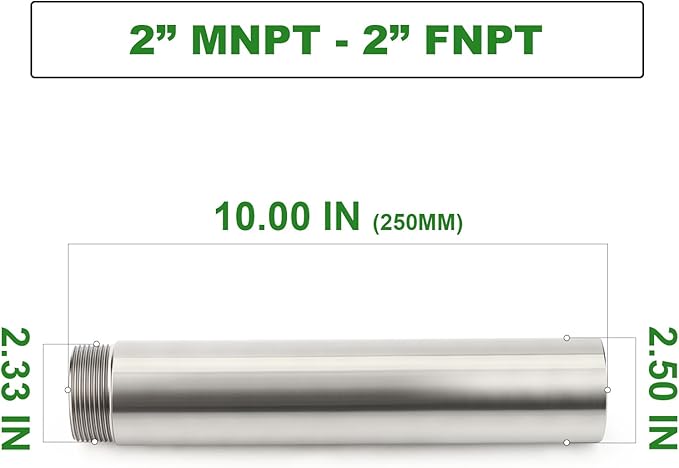 TAISHER 1PCS Stainless Steel Pipe Fittings, 2" NPT Male x 2" NPT Female Threaded, 10" Length Nipple Cast Pipe