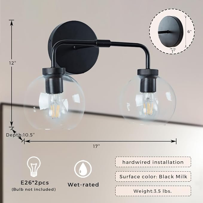 Globe Shade with Brass Accents Double Light Sconce, Chrome Bathroom Sconces, Indoor Sconce Wall Lights, 17.5" w x 10.5" d x 12.5" h (Matte-Black)