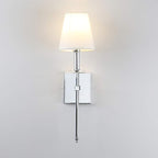 PERMO Single Classic Rustic Industrial Wall Sconce Lighting Fixture with Flared White Textile Lamp Shade and Chrome Tapered Column Stand