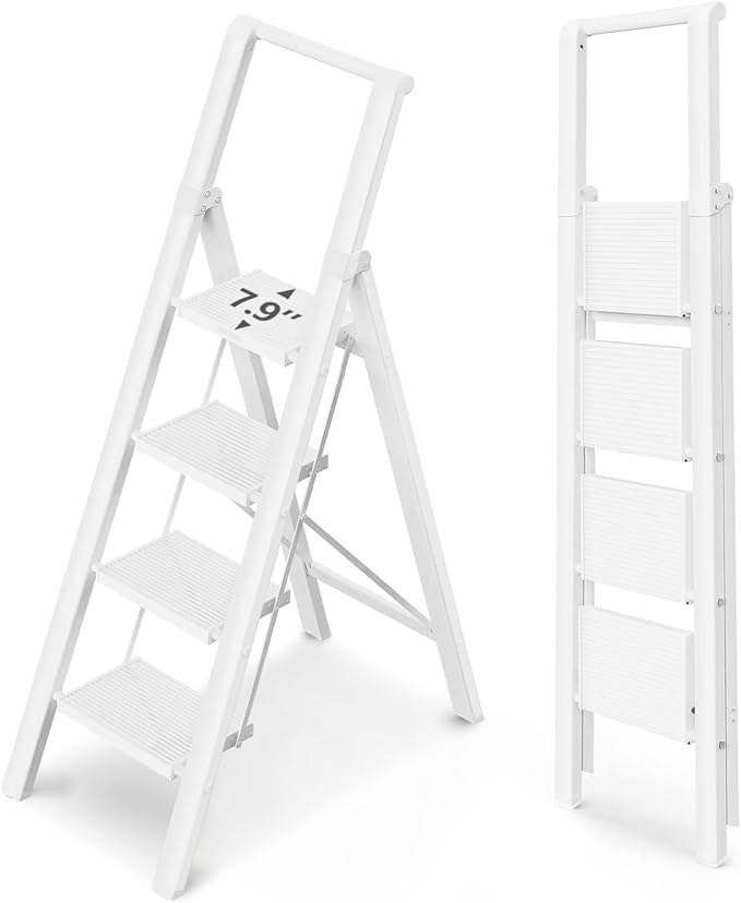 WOA WOA 4 Step Ladder for 10 Feet High Ceiling, Lightweight Foldable Ladder with Non-Slip Wide Pedals, Step Stool with Safe Handrail, Space Saving for Home, Kitchen, Indoor & Outdoor 300lbs - White