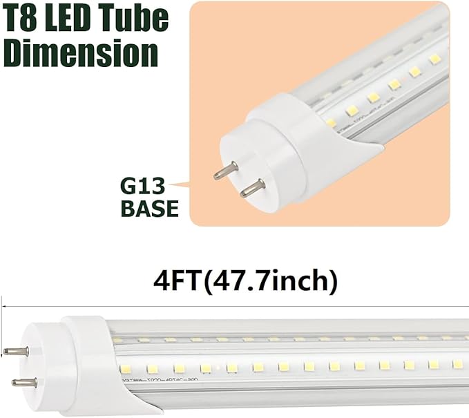 12 Pack 4FT T8 LED Tube Light 40W G13 Bi-Pin Cap 6000K Cool White with Dual Row LEDs T8 T10 T12 Fluorescent Light Bulbs Replacement 4 Foot Shop Lights, Dual-End Powered