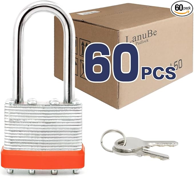 LanuBe Lock Laminated keyed Padlock (1-9/16", 40mm), keyed Alike Locks, Long Shackle,Marked Orange Plastic Hoop, Pack of 60