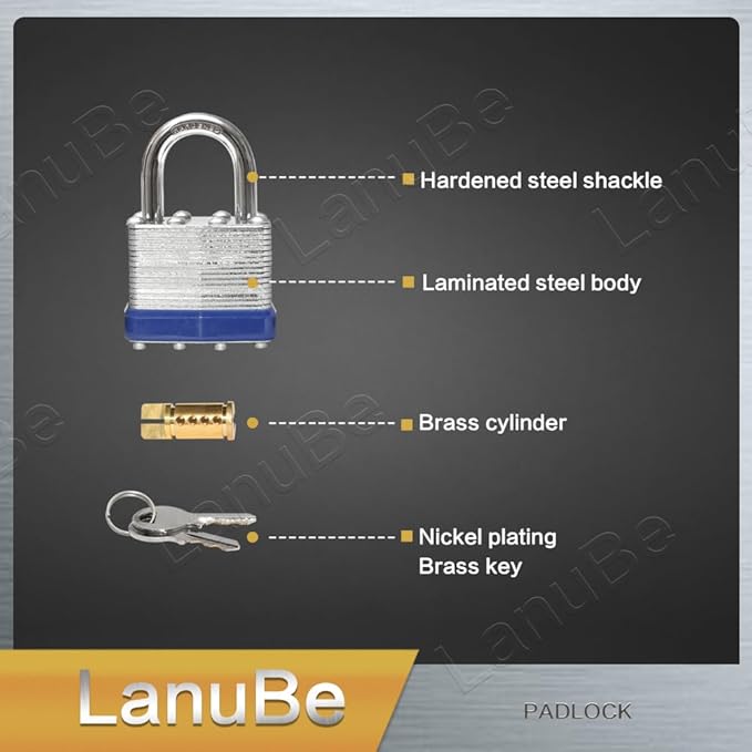 LanuBe Lock Laminated keyed Padlock (1-9/16", 40mm), keyed Alike Locks, Normal Shackle, Marked Blue Plastic Hoop, Pack of 2