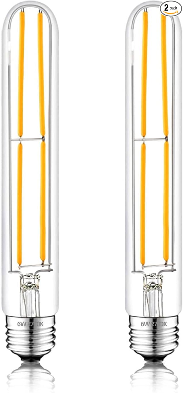 7.3 Inch E26 Led Bulb 6W Dimmable, 2700K Soft White Edison Bulbs 800LM, Equal 80 Watt Tubular T10 T9 Long Clear Glass Light Bulb for Rustic Pendant Industrial Pipe Wall Sconces - 2Pack