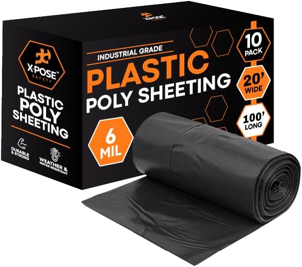 Xpose Safety Black Plastic Sheeting 10 Pack – 20' x 100' Rolls – Heavy Duty 6 Mil Poly Sheet – Waterproof, Dustproof, Vapor Barrier – for Construction, Painting, Industrial Use