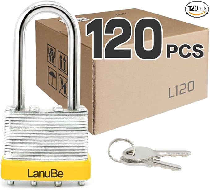 LanuBe Lock Laminated keyed Padlock (1-9/16", 40mm), keyed Alike Locks, Long Shackle,Marked Yellow Plastic Hoop, Pack of 120