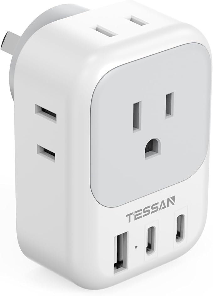 TESSAN Australia New Zealand Plug Adapter (No Voltage Conversion), Type I Power Adaptor with 4 Electrical Outlets 3 USB Charger (2 USB C) for US to Australian AU Argentina Fiji China Cook Islands