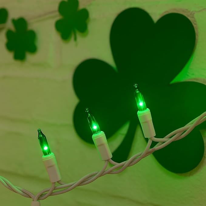Novelty Lights 50 Feet 100 Bulb Incandescent Mini Light String, Green with 6-Inch Spacing on White Wire, UL Listed Commercial Grade Indoor/Outdoor Mini Lights, Connectable End-to-End