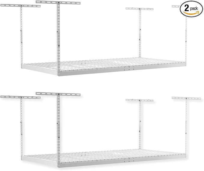2-Pack 4 x 8 MonsterRax Overhead Garage Storage Rack, Ceiling Racks for Garage, Organization Shelving, Adjustable Hanging Shelf, White, 24"-45" Height Adjustment,