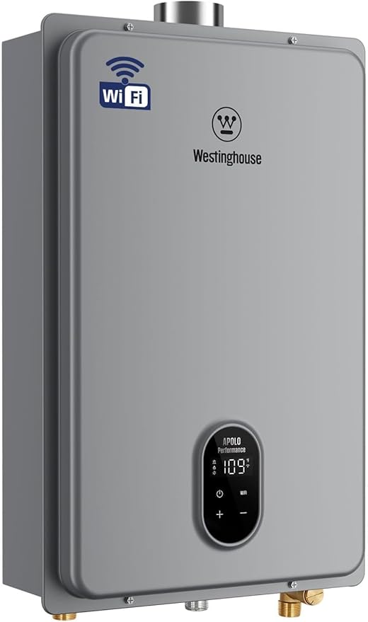Westinghouse Natural Gas Tankless Water Heater Indoor Installation Max 5.1 GPM 120,000 BTU, WIFI Enable Temp Self Modulating Non Condensing High Efficiency for House or Commercial, APOLO Performance