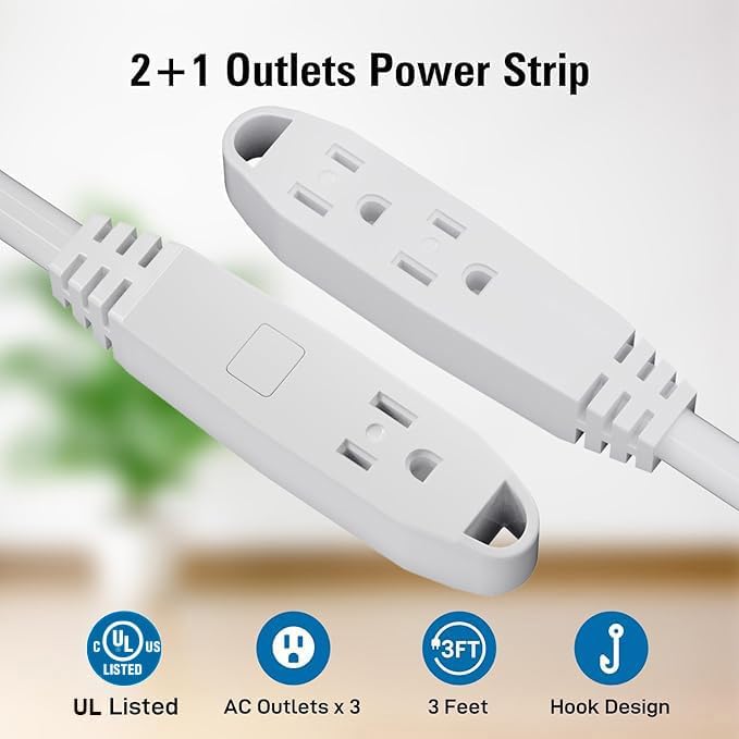 K KASONIC - 50-Feet 3 Outlet Extension Cord, UL Listed, 16/3 SJTW 3-Wire Grounded, 10 Amp 125 V 1625 Watts, Multi-Outlet Indoor/Outdoor Use, White