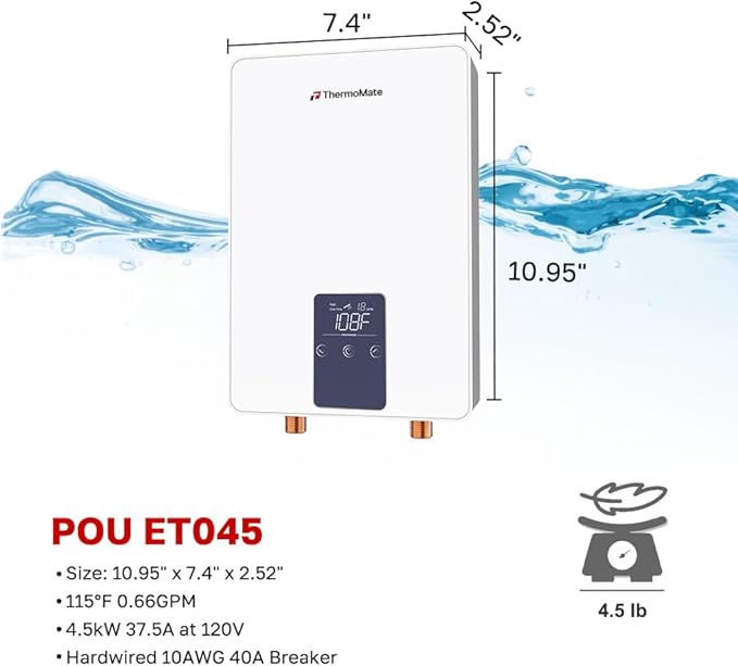 Mini Tankless Water Heater Electric 110V ~ 120V for Sink, ThermoMate 4.5kW 37.5A at 120V Small Point of Use Water Heater CSA Approved, Must HardWird Requiring 10AWG Wire