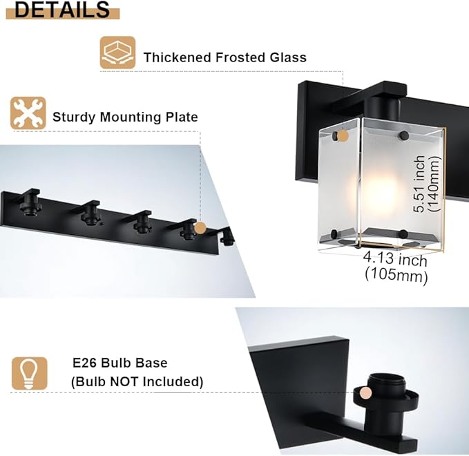 3-Lights Bathroom Light Fixture Over Mirror, Modern Black Wall Sconce Vanity Lighting Fixtures with Rectangular Frosted Glass Shade for Bathroom Kitchen Bedroom, E26 Bulb Base