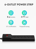 PLUGUTL 2 Pack Surge Protector (980 Joules), Flat Plug Power Strip, 4FT Extension Cord with Multiple Outlets, 6 Outlets, ETL Listed, 14 Gauge, Wall Mountable for Home Office Garage, Black