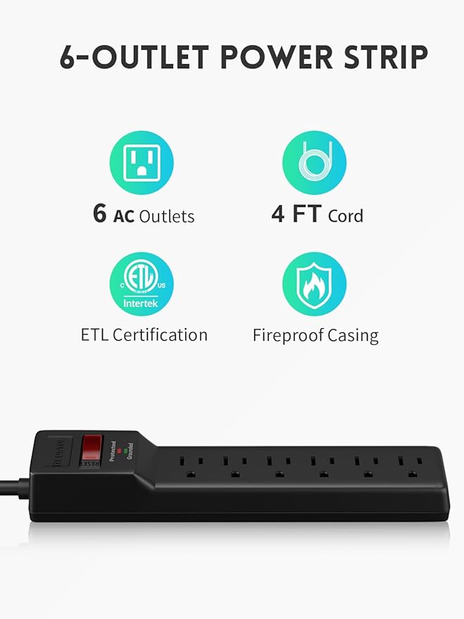 PLUGUTL 2 Pack Surge Protector (980 Joules), Flat Plug Power Strip, 4FT Extension Cord with Multiple Outlets, 6 Outlets, ETL Listed, 14 Gauge, Wall Mountable for Home Office Garage, Black