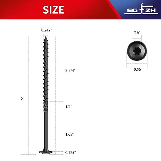 #14 x 5 Inch Lag Screws (25Pcs) 1lb. Structural Wood Screw, Black, Carbon Steel, Washer Head, Rust Resistant epoxy Coated, T30 Star Bit