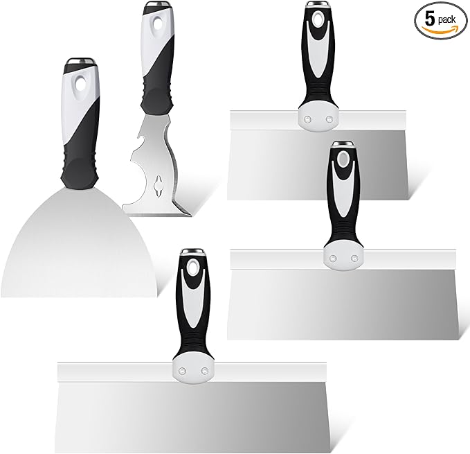 Mister Rui 5 Pack Drywall Knife Set, Stainless Steel Taping Tools, Paint Scrapers, Hand Tool Kit, Spackle Knife, Drywall Finishing Tools