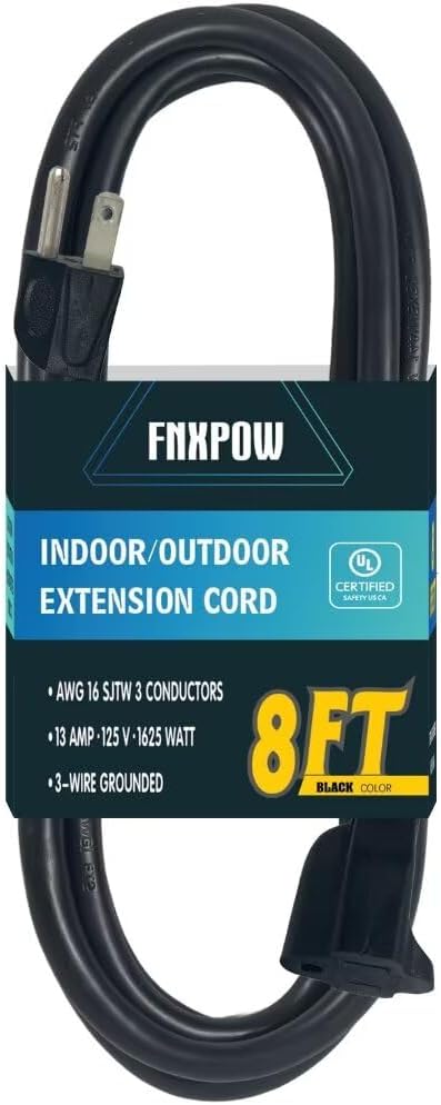 Indoor Outdoor Extension Cord 8 FT Waterproof, 16/3 Gauge Heavy Duty Black Extension Cords, 13A 1625W SJTW Extension Cord with 3 Prong Grounded Plug, Great for Tools, Lights, UL Listed.