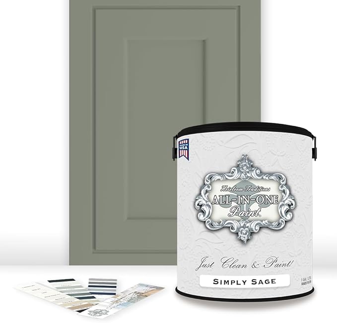 ALL-IN-ONE Paint, Durable cabinet and furniture paint. Built in primer and top coat, no sanding needed. Includes our 30 featured color card - Simply Sage (gray green), Gallon