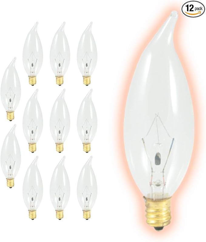 GoodBulb 15-Watt Incandescent Flame Tip Light Bulbs | CA10 Clear Finish E12 Base 2700K Warm White Color | Dimmable 100 Lumens | Decorative Chandelier Bulbs | Pack of 12 Bulbs