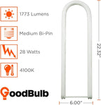 GoodBulb 28-Watt 6-Inch T8 Fluorescent U-Bend Light Bulb 4100K Cool White Light Color Medium Bi-Pin Base High Output 1773 Lumens Pack of 10 Bulbs