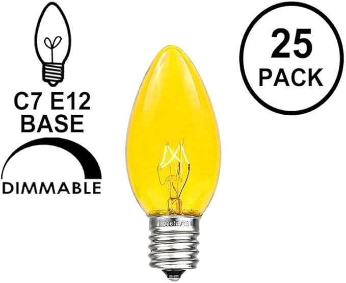 Novelty Lights Christmas Replacement Bulbs - Outdoor Individual Bulbs for Events, Holiday Parties, Patios, and More - C7/E12 Candelabra Base, 5 Watt Lights (Yellow, 25 Pack)