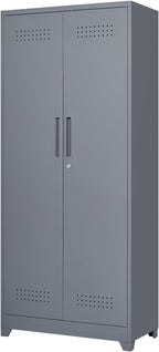 FLEXIMOUNTS 73'' Tall Metal Storage Cabinet with Locking Door, Large Cleaning Tool Organizer for Brooms, Garage, Laundry Room, Bathroom, Dark Grey
