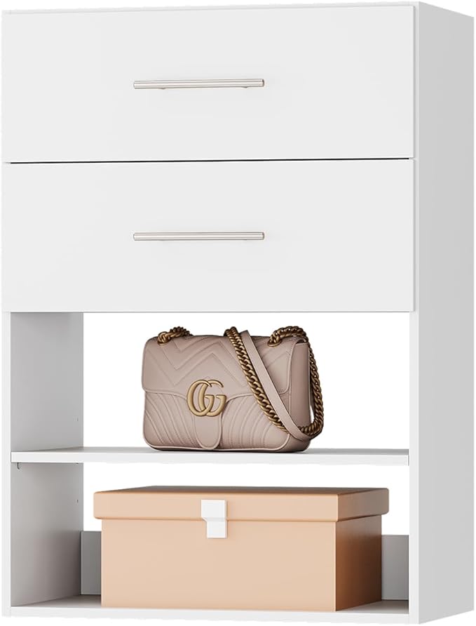 ROOMTEC 25.5" 2 Drawer Short Tower Closet Unit, Modular Closet System with Drawers and Shelf, Wardrobe Organizer for Bedroom or Walk-in Closet, Wall Mounted, Customizable Clothes Storage Unit, White