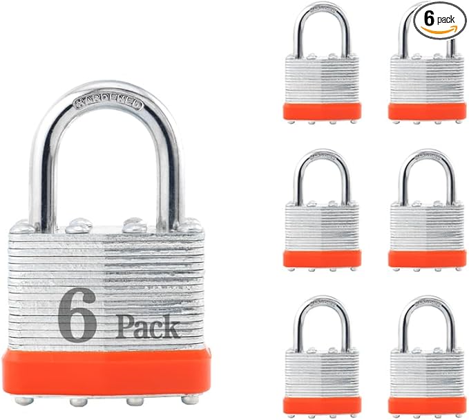 ZonRo Locks Laminated Steel Keyed Padlocks,Keyed Alike Locks, 1-9/16 inch Wide,Normal Shackle Padlocks, Pack of 6，Orange Hoop, for Hasp Latch, Sheds, Fences, Storage Locker, School, Gym