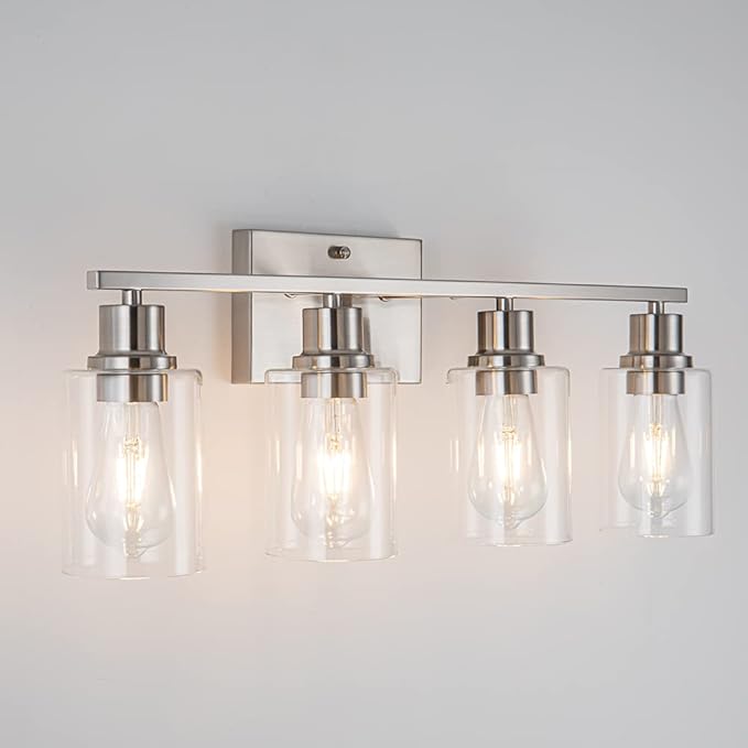 EMONG Brushed Nickel Bathroom Light Fixtures, 4-Light Vanity Lights with Clear Glass Shade, Wall Sconces for Hallway, Farmhouse, Living Room, Kitchen